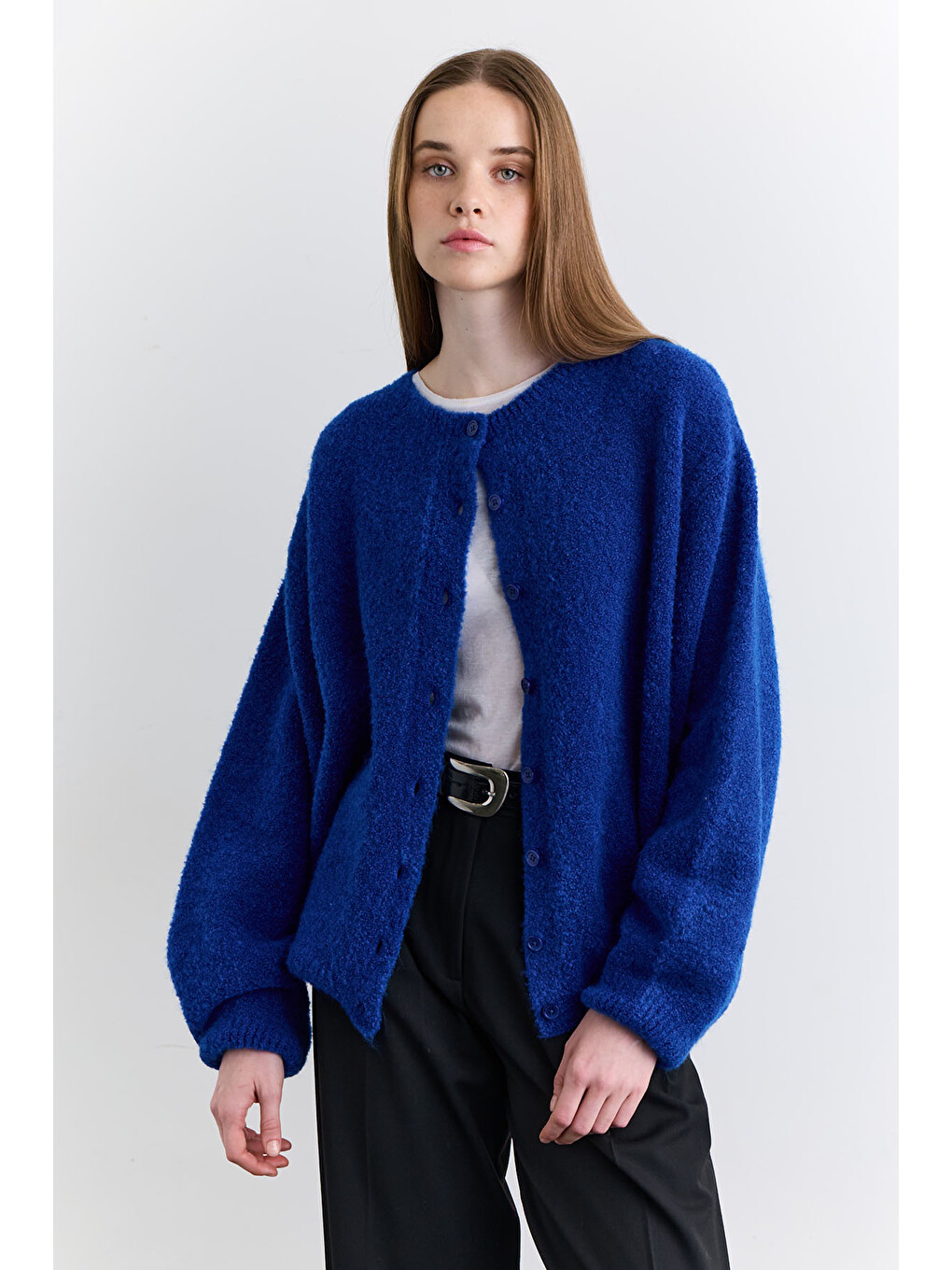 Soft Dokulu Düğmeli Hırka Mavi-3