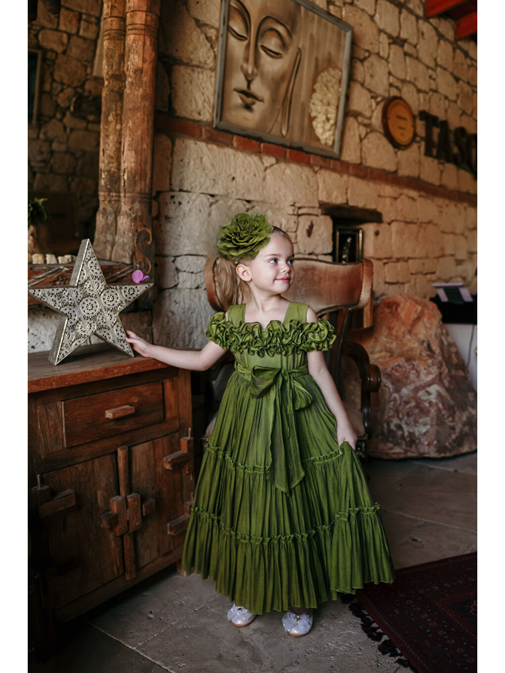 Yeşil Kız Çocuk Özel Abiye Elbise   Fırfırlı  Özel Tasarım   Taç Aksesuarlı Abiye Elbise_2462-2