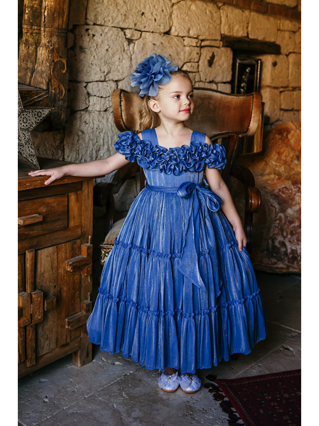 Mavi Kız Çocuk Özel Abiye Elbise   Fırfırlı  Özel Tasarım   Taç Aksesuarlı Abiye Elbise_2462-1