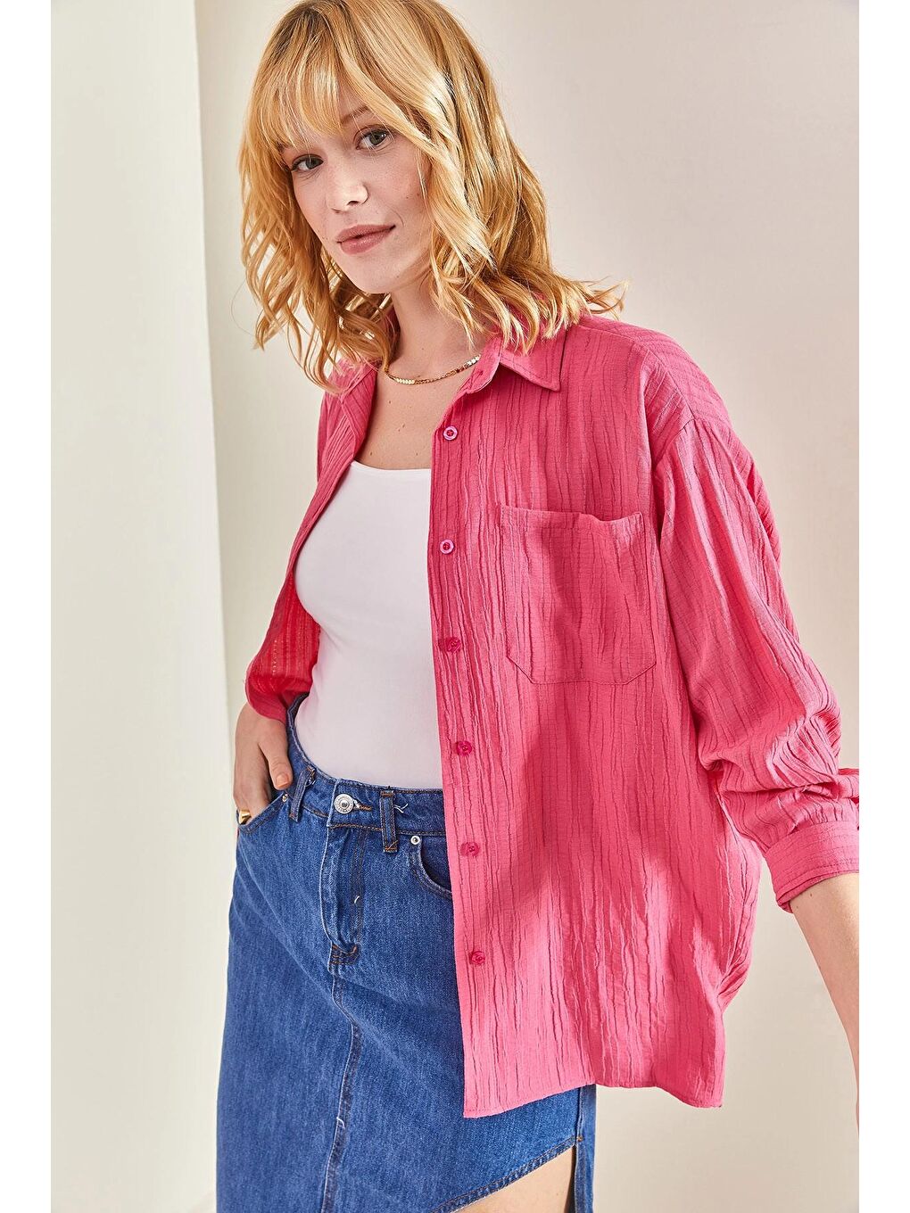Fuşya Kadın Tek Cepli Keten Gömlek