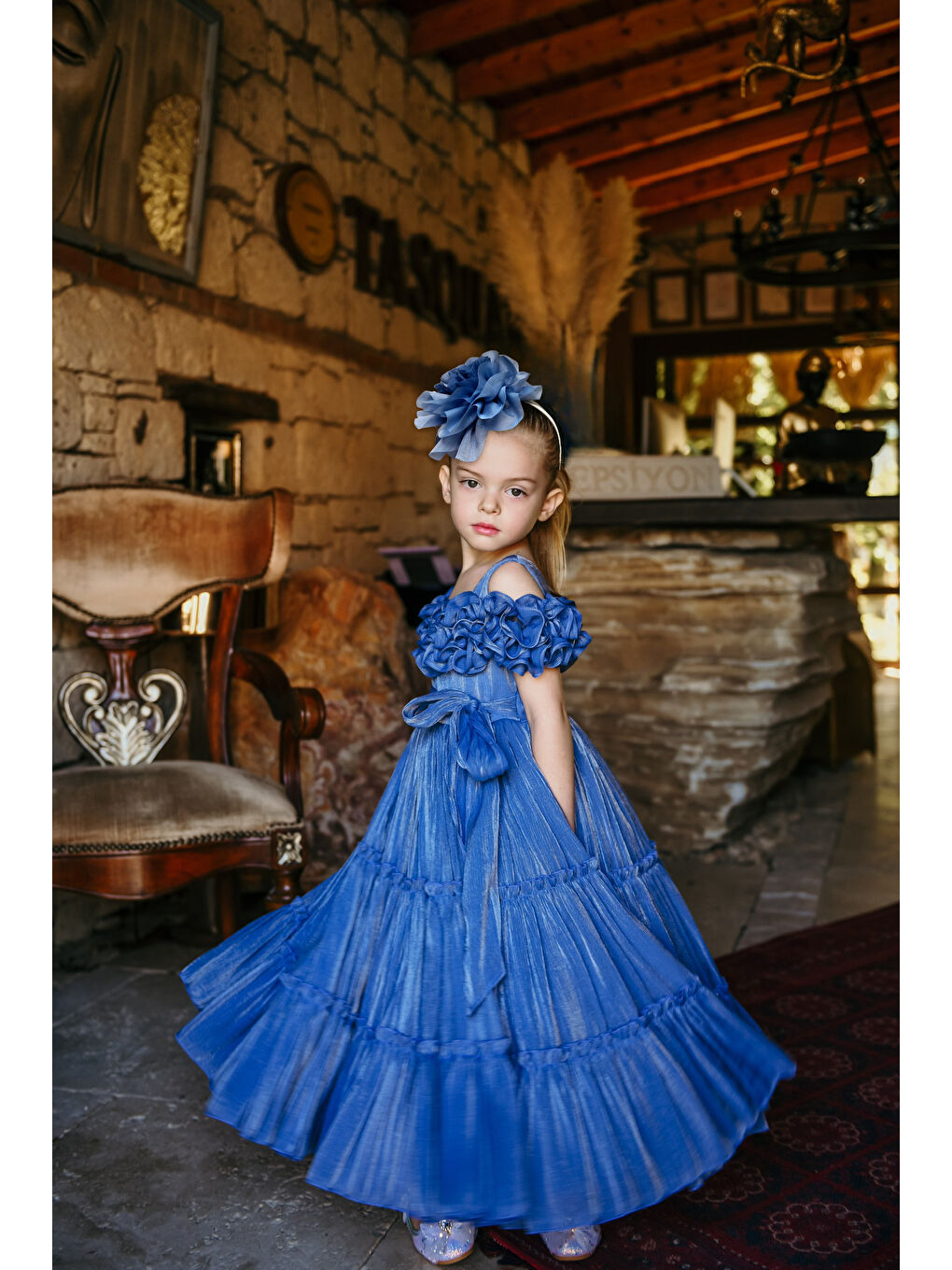 Mavi Kız Çocuk Özel Abiye Elbise   Fırfırlı  Özel Tasarım   Taç Aksesuarlı Abiye Elbise_2462-2
