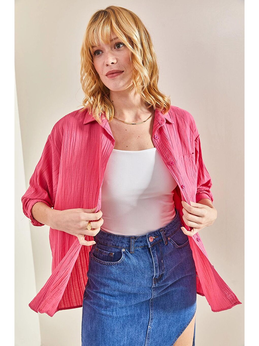 Fuşya Kadın Tek Cepli Keten Gömlek-1