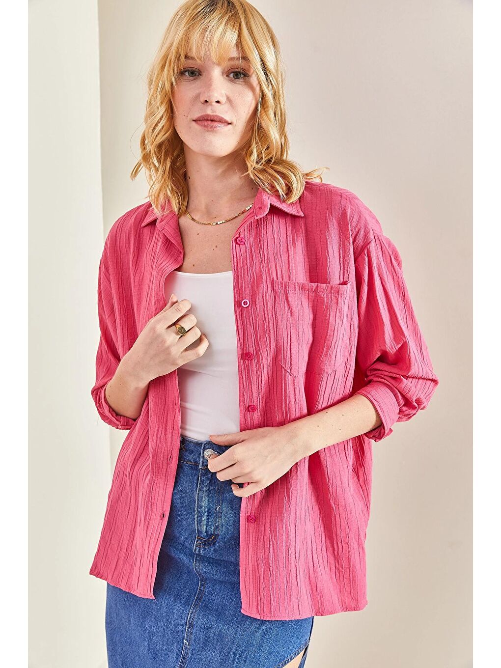 Fuşya Kadın Tek Cepli Keten Gömlek-2