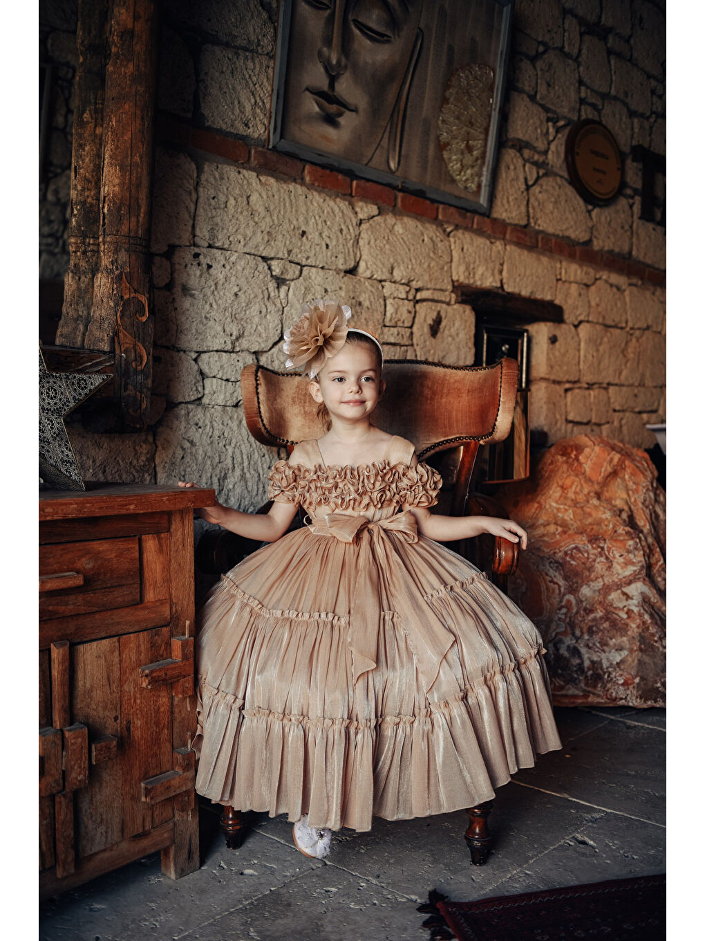 Bej Kız Çocuk Özel Abiye Elbise   Fırfırlı  Özel Tasarım   Taç Aksesuarlı Abiye Elbise_2462-2
