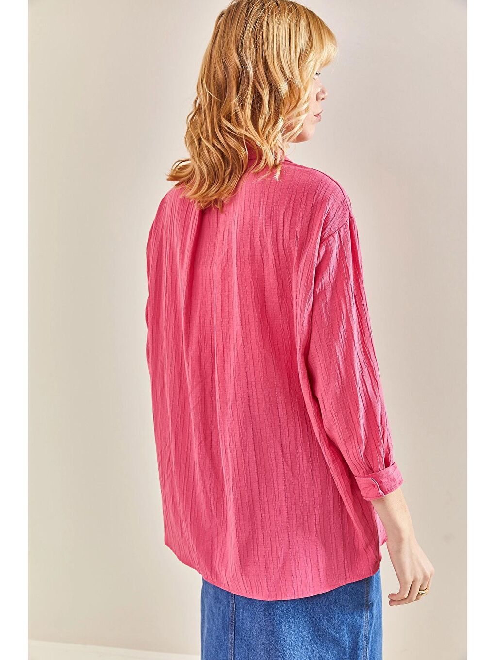 Fuşya Kadın Tek Cepli Keten Gömlek-3