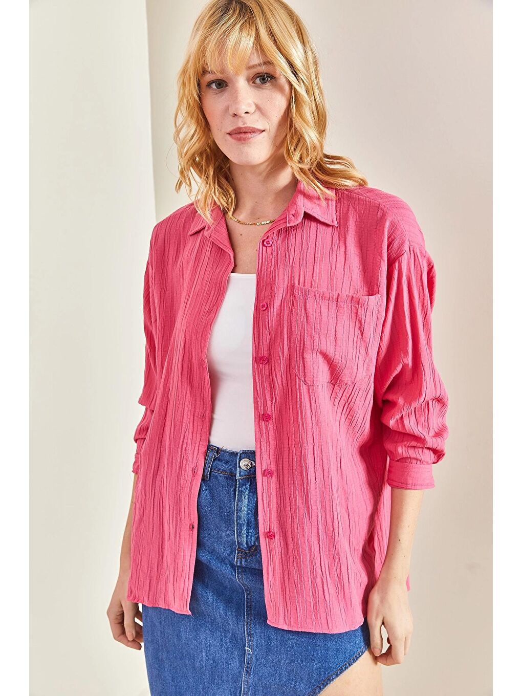 Fuşya Kadın Tek Cepli Keten Gömlek-4