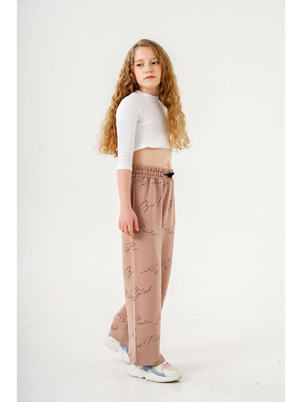 Bej Geniş Paçalı Tüm Alan Baskılı Kız Çocuk Eşofman Altı-5