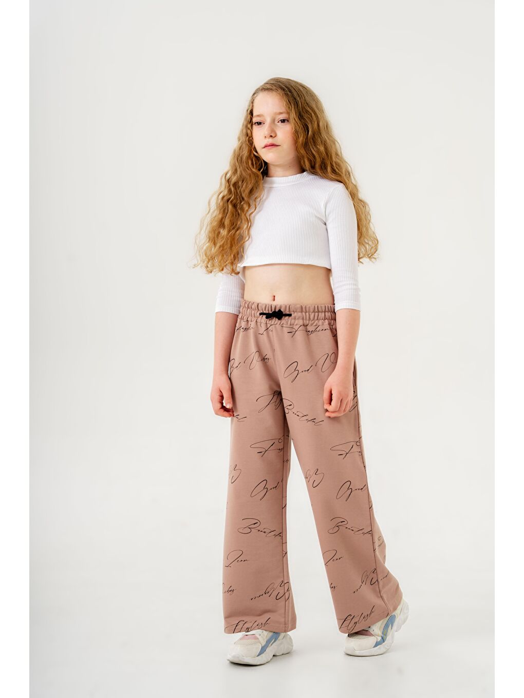 Bej Geniş Paçalı Tüm Alan Baskılı Kız Çocuk Eşofman Altı-8