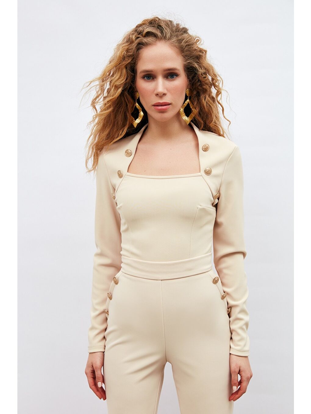 Düğme Detaylı Bluz - Bej-3