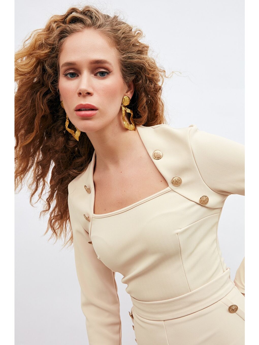 Düğme Detaylı Bluz - Bej-4