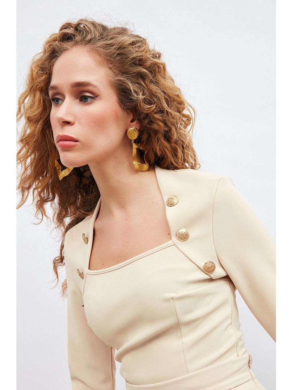 Düğme Detaylı Bluz - Bej-5