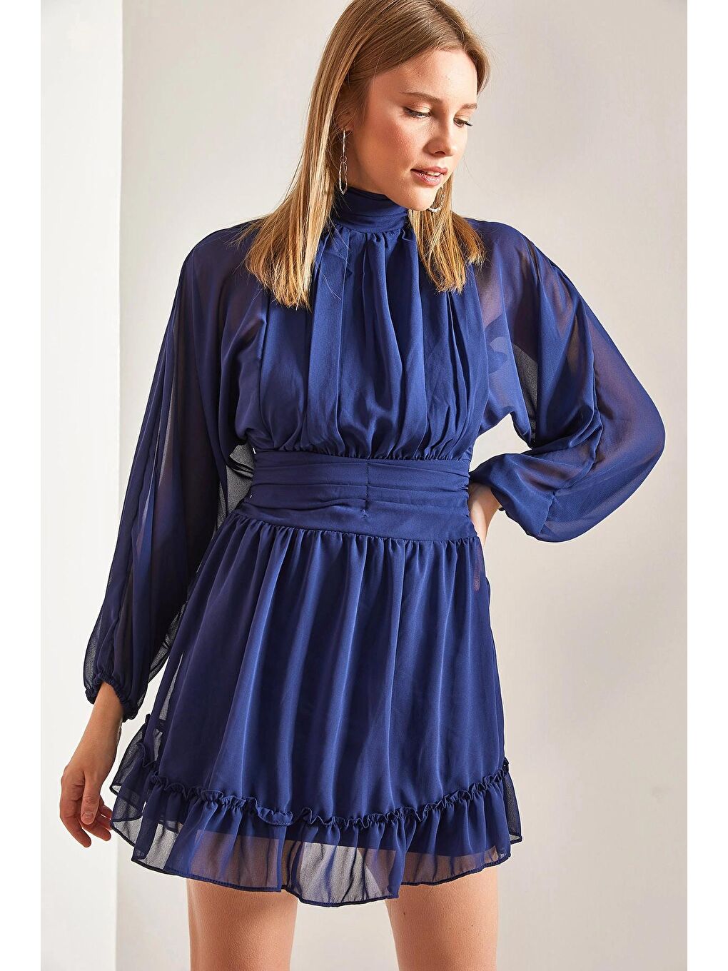 Lacivert Kadın Sırt Dekolteli Balıkçı Yaka Astarlı Şifon Elbise