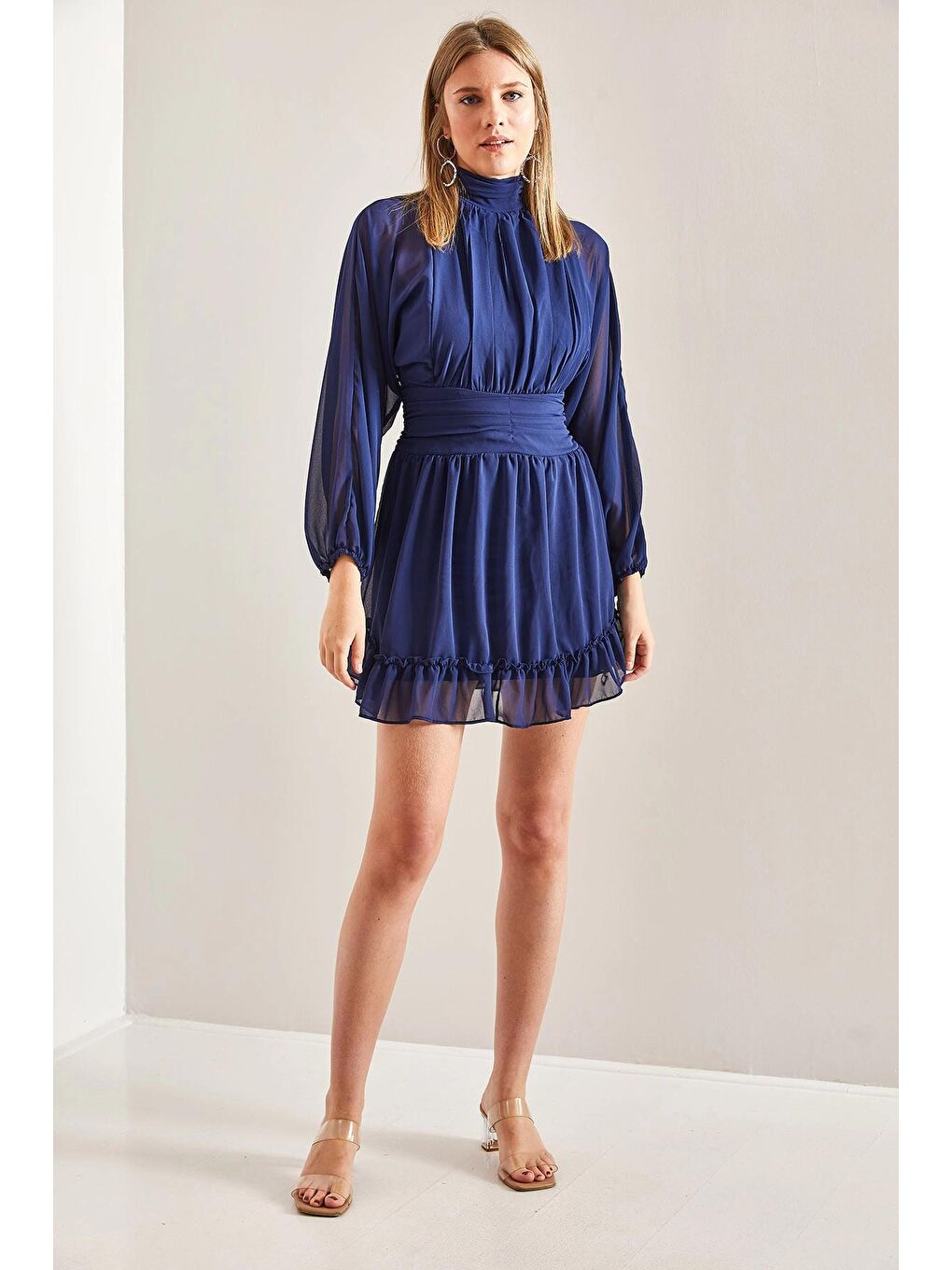 Lacivert Kadın Sırt Dekolteli Balıkçı Yaka Astarlı Şifon Elbise-3