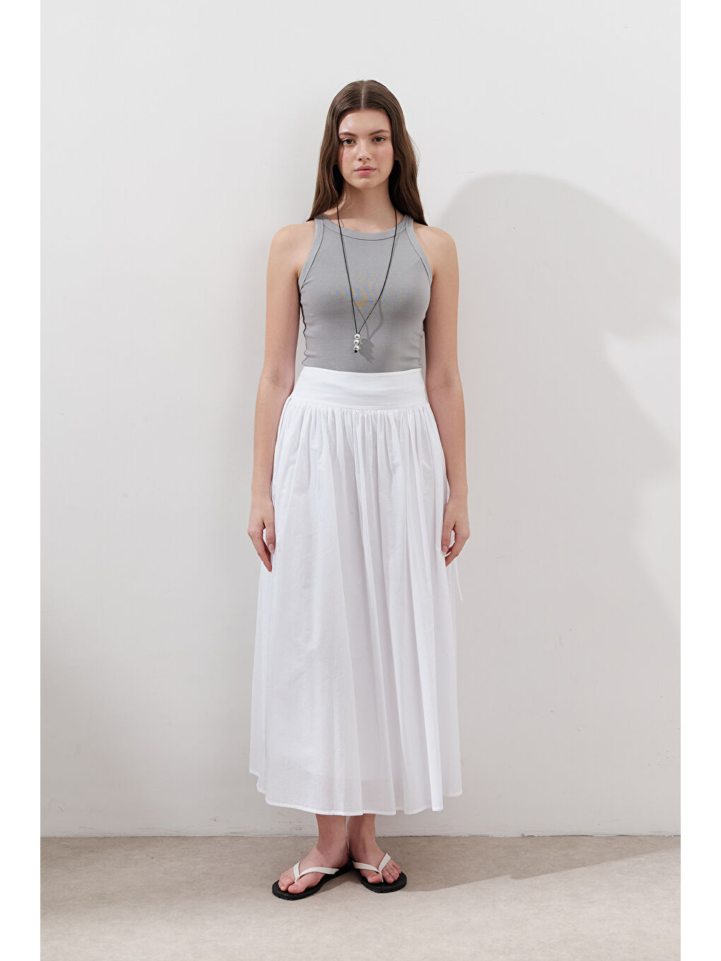 Bağlama Detaylı Geniş Etek Ekru-5