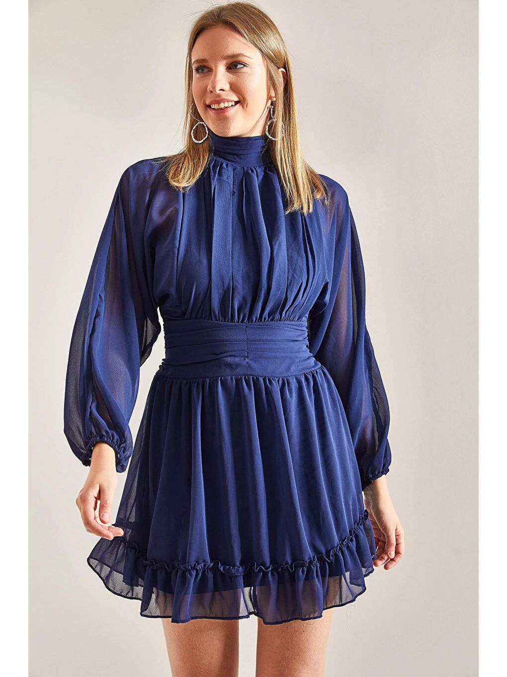 Lacivert Kadın Sırt Dekolteli Balıkçı Yaka Astarlı Şifon Elbise-4