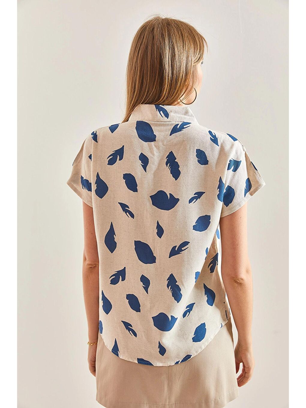 Bej Kadın Multi Desenli Yarasa Kol Keten Gömlek-1