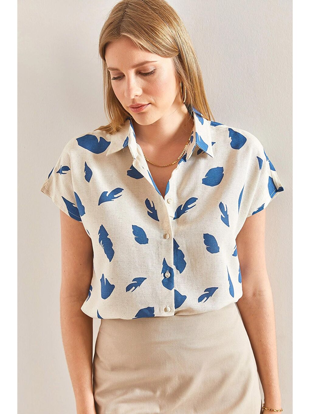 Bej Kadın Multi Desenli Yarasa Kol Keten Gömlek-2