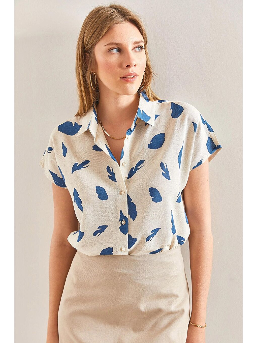 Bej Kadın Multi Desenli Yarasa Kol Keten Gömlek-3