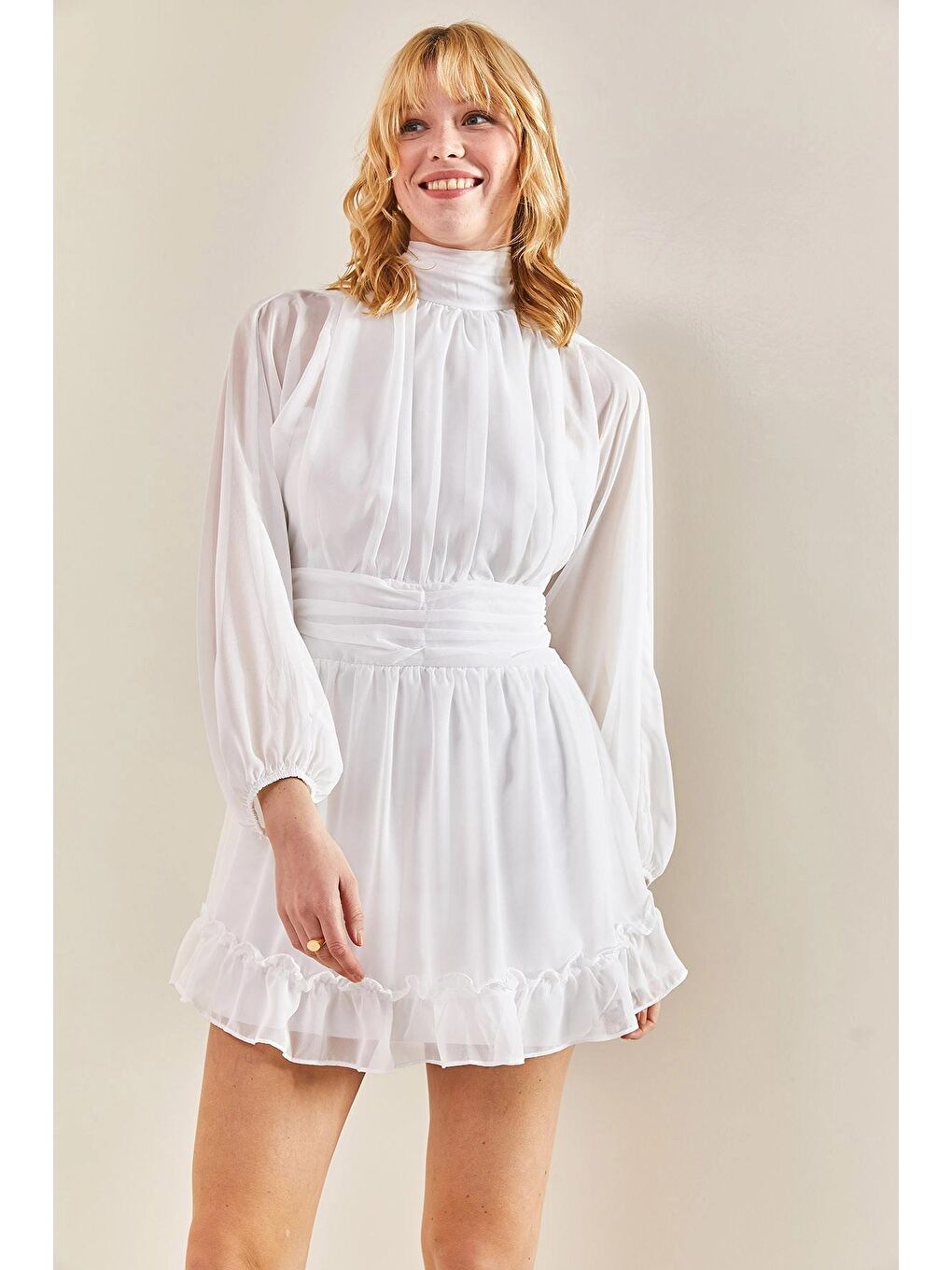 Beyaz Kadın Sırt Dekolteli Balıkçı Yaka Astarlı Şifon Elbise-1