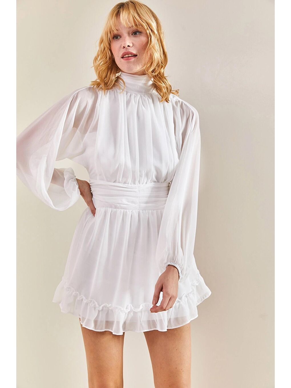 Beyaz Kadın Sırt Dekolteli Balıkçı Yaka Astarlı Şifon Elbise-2