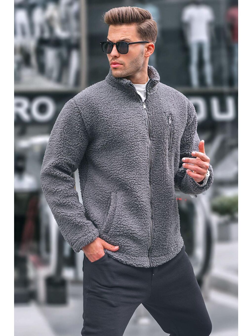 Gri Füme  Pelüş Fermuarlı Sweatshirt 6152