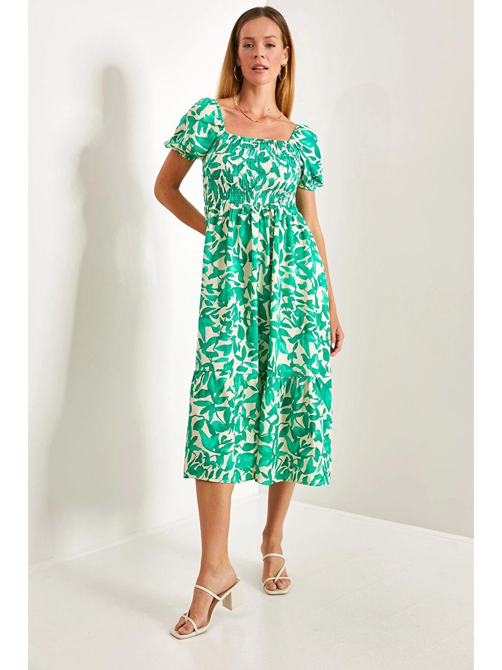 Yeşil Kadın Kare Yaka Gipeli Multi Desenli Kloş Elbise