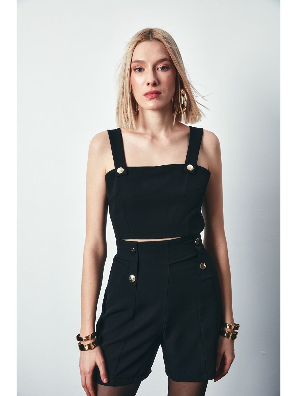 Çıt Detaylı Crop Bluz - Siyah-2