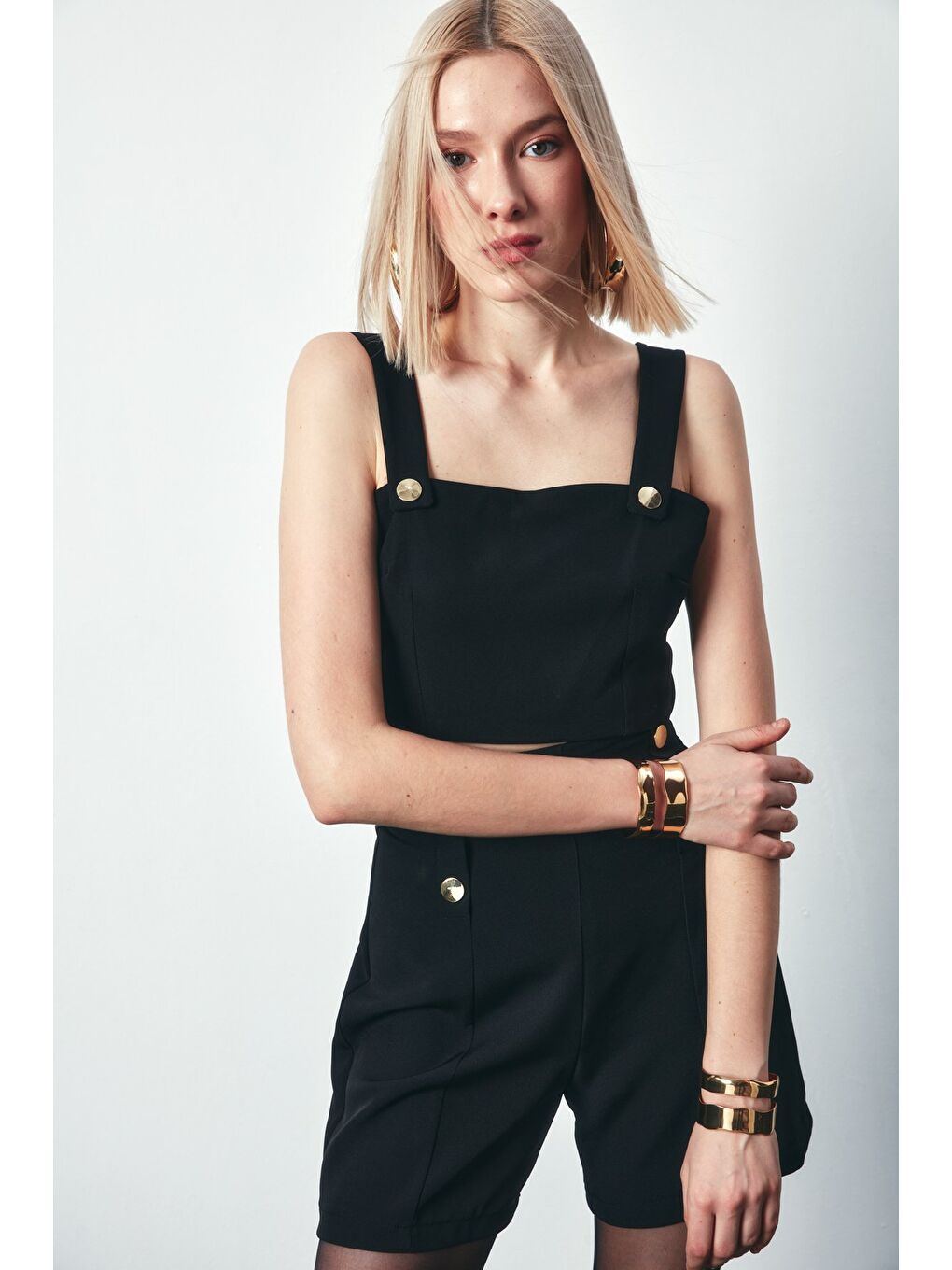 Çıt Detaylı Crop Bluz - Siyah-3