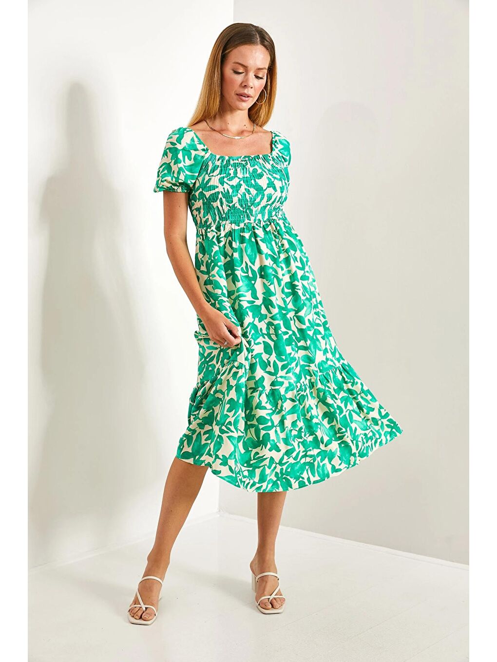 Yeşil Kadın Kare Yaka Gipeli Multi Desenli Kloş Elbise-2