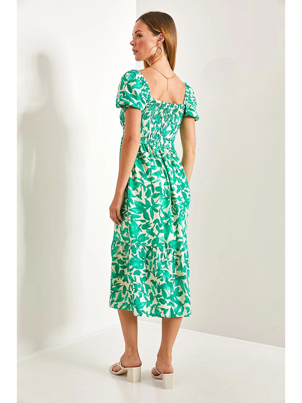 Yeşil Kadın Kare Yaka Gipeli Multi Desenli Kloş Elbise-3