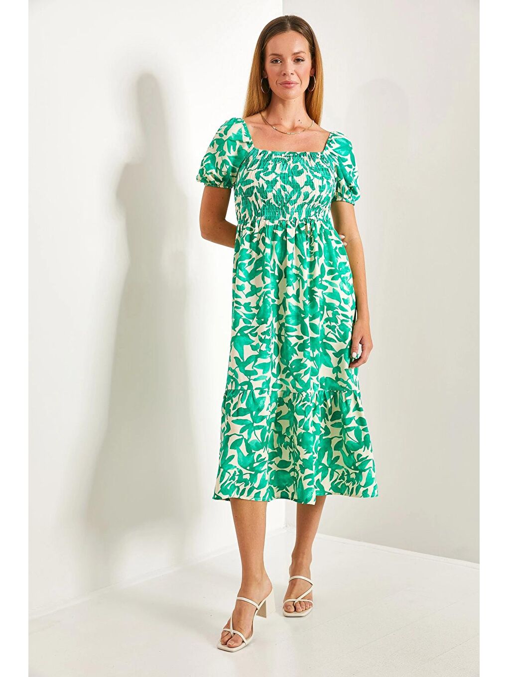 Yeşil Kadın Kare Yaka Gipeli Multi Desenli Kloş Elbise-4