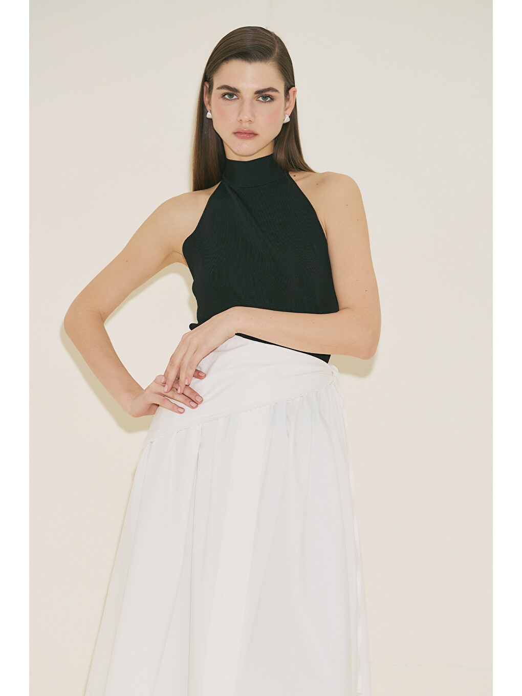 Önü Düğmeli Poplin Etek Ekru-3