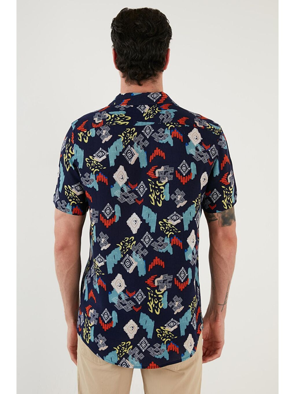 Lacivert Regular Fit Kısa Kollu Apaş Yaka Desenli Gömlek CF21S114293-3