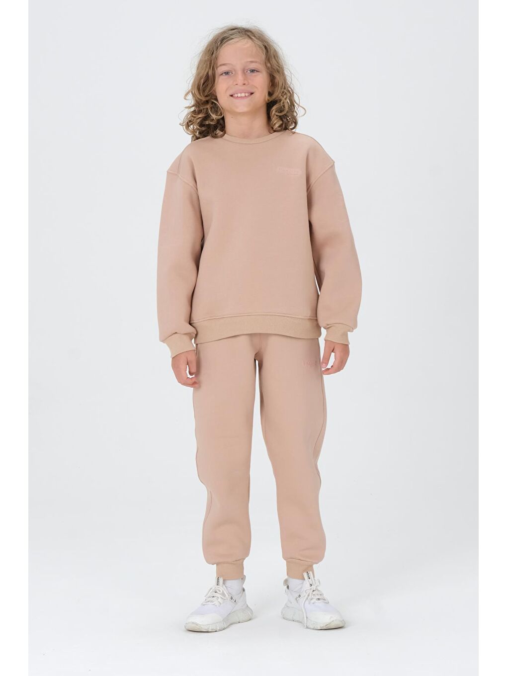 Bej Bisiklet Yaka Baskı Detaylı Şardonlu Erkek Çocuk Eşofman Takımı