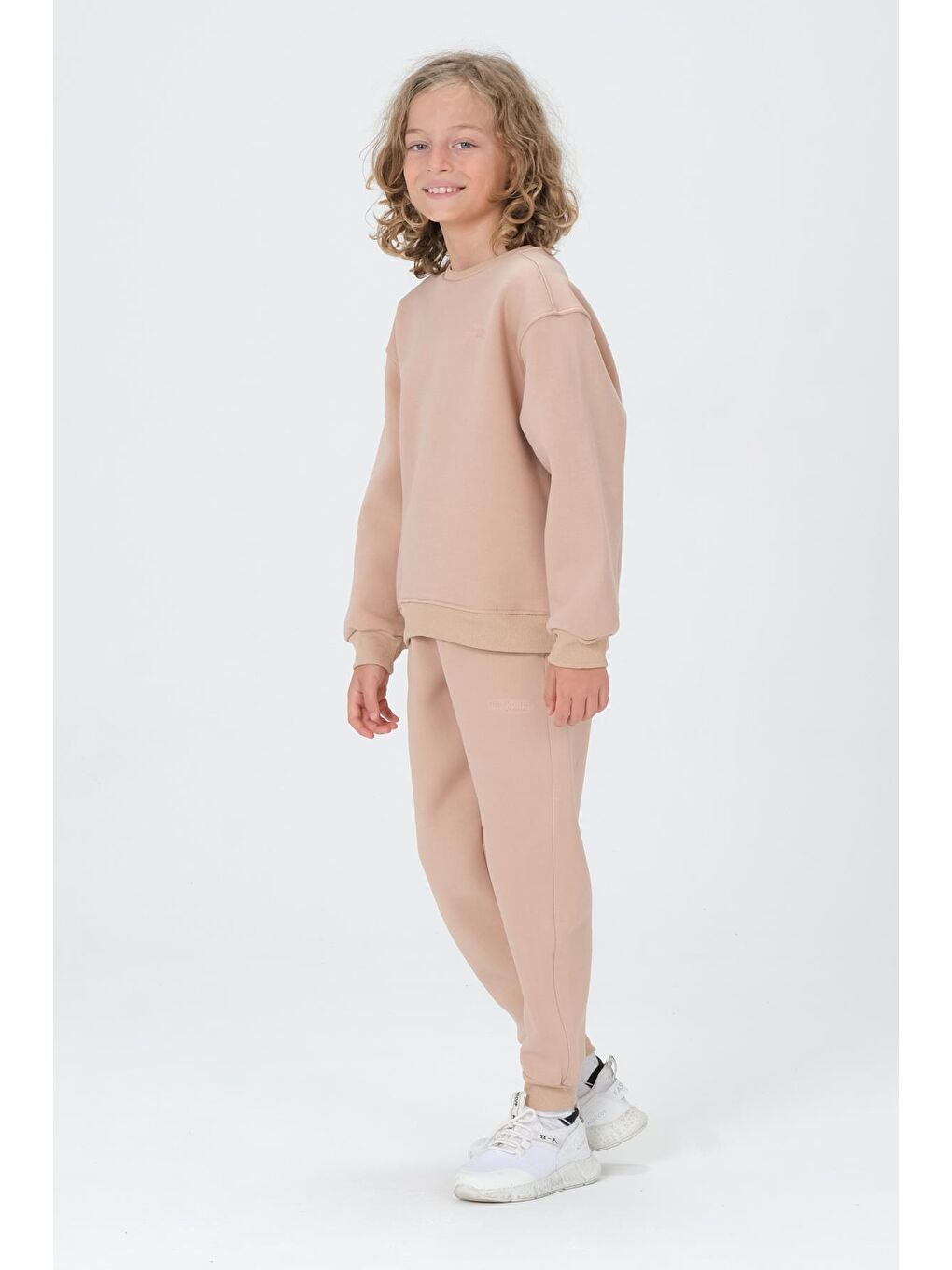 Bej Bisiklet Yaka Baskı Detaylı Şardonlu Erkek Çocuk Eşofman Takımı-1