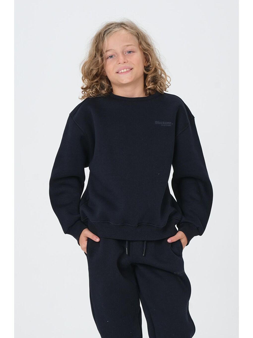 Lacivert Bisiklet Yaka Baskı Detaylı Şardonlu Erkek Çocuk Eşofman Takımı-3