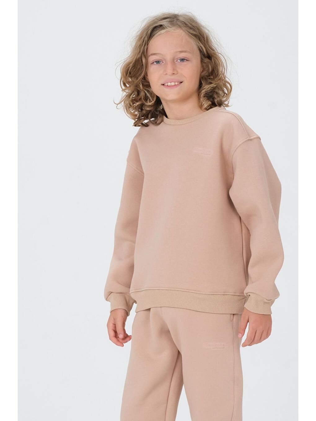 Bej Bisiklet Yaka Baskı Detaylı Şardonlu Erkek Çocuk Eşofman Takımı-3