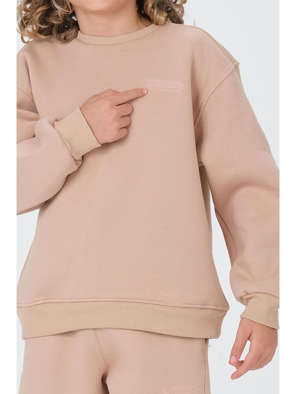 Bej Bisiklet Yaka Baskı Detaylı Şardonlu Erkek Çocuk Eşofman Takımı-4