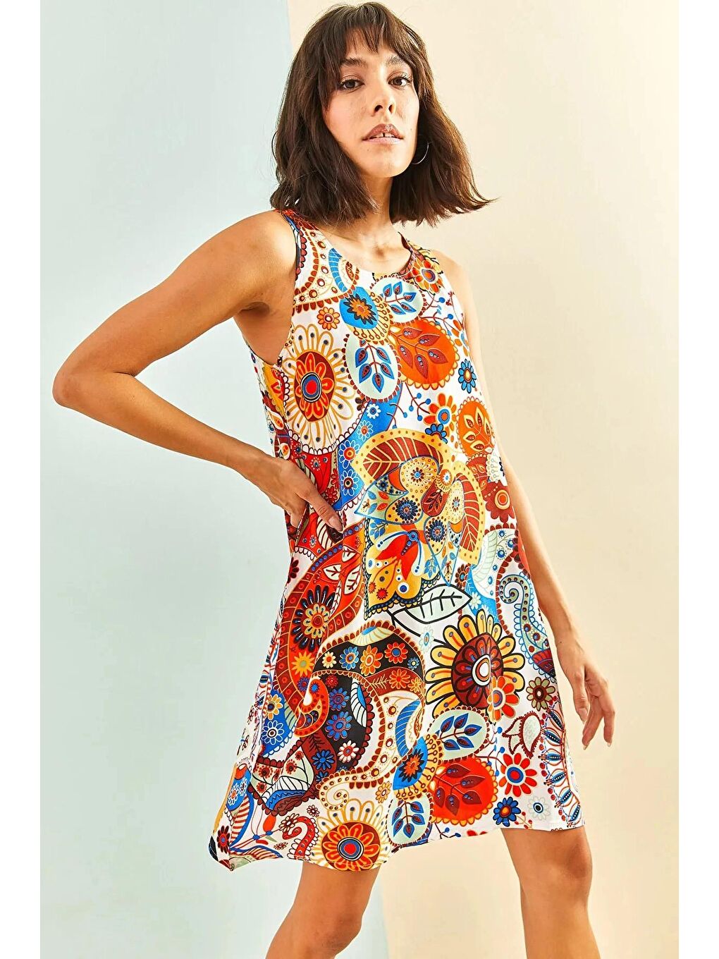 Turuncu Kadın Multi Desenli Sırt Dekolteli Elbise