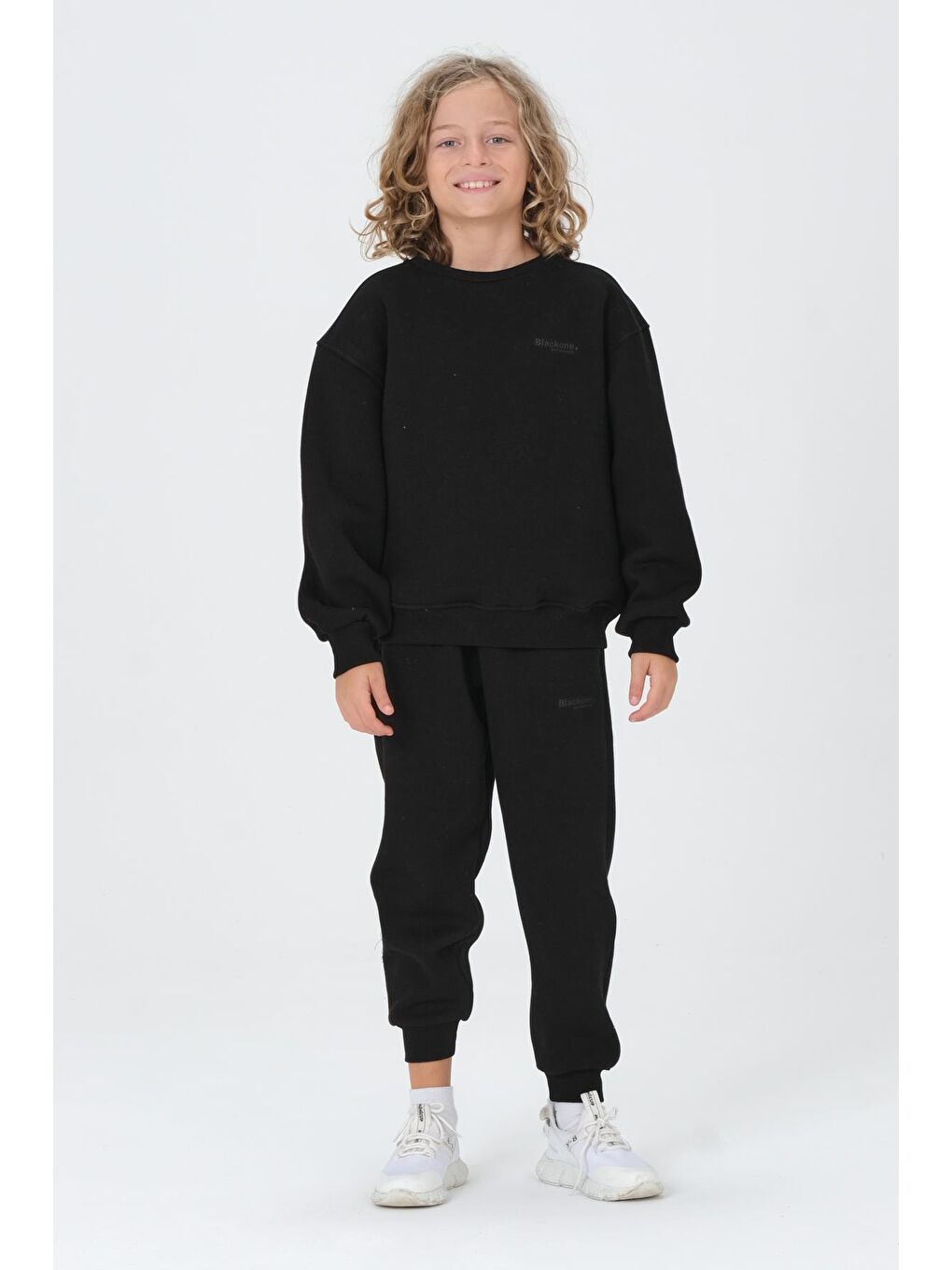 Siyah Bisiklet Yaka Baskı Detaylı Şardonlu Erkek Çocuk Eşofman Takımı