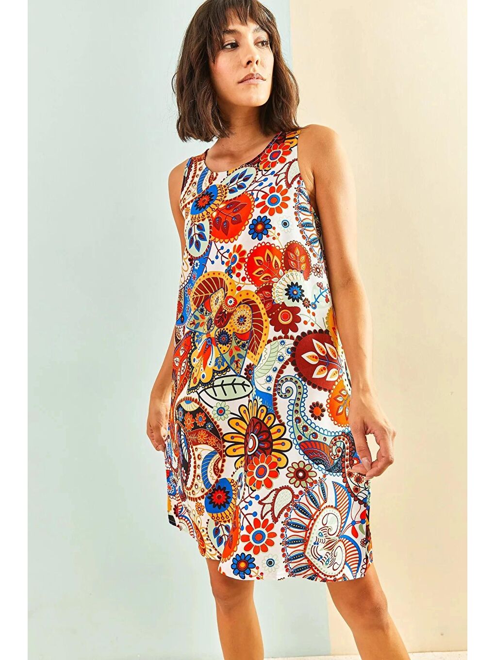 Turuncu Kadın Multi Desenli Sırt Dekolteli Elbise-2