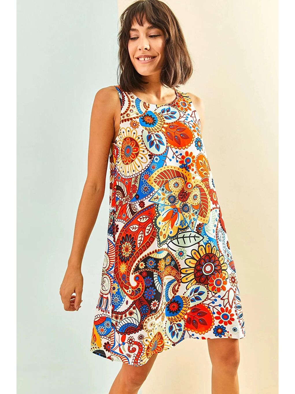 Turuncu Kadın Multi Desenli Sırt Dekolteli Elbise-3