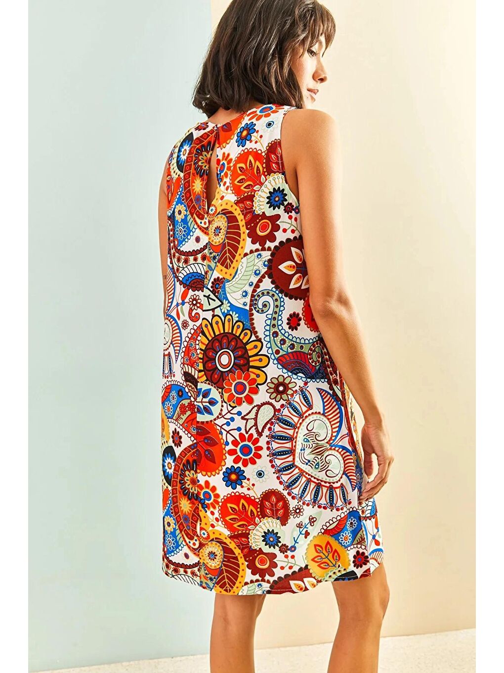 Turuncu Kadın Multi Desenli Sırt Dekolteli Elbise-4