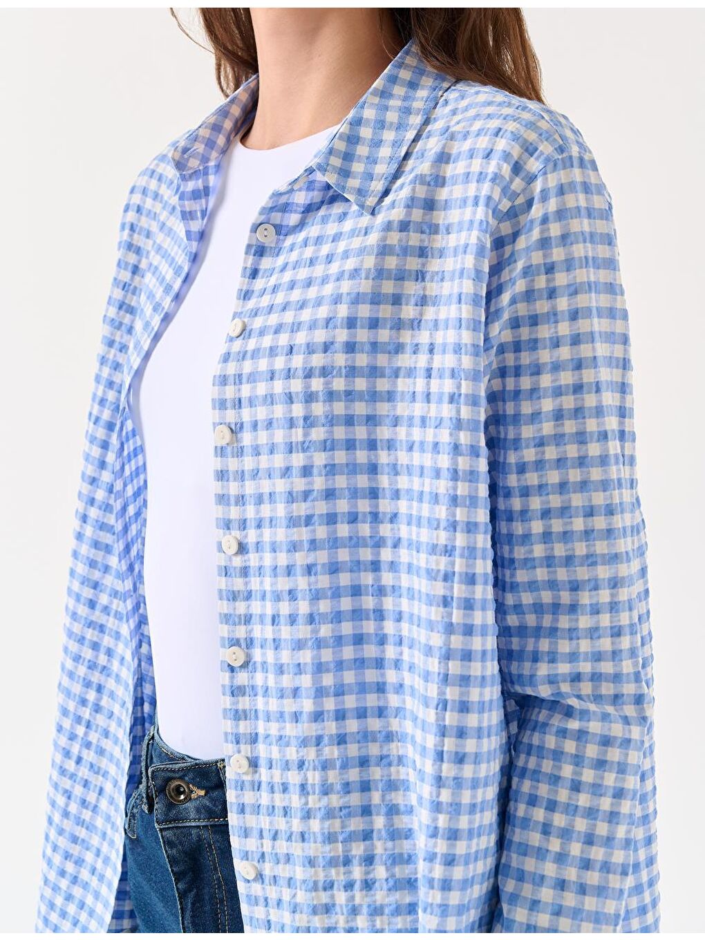 Orta Mavi Dik Yaka Uzun Kollu Desenli Gömlek-3