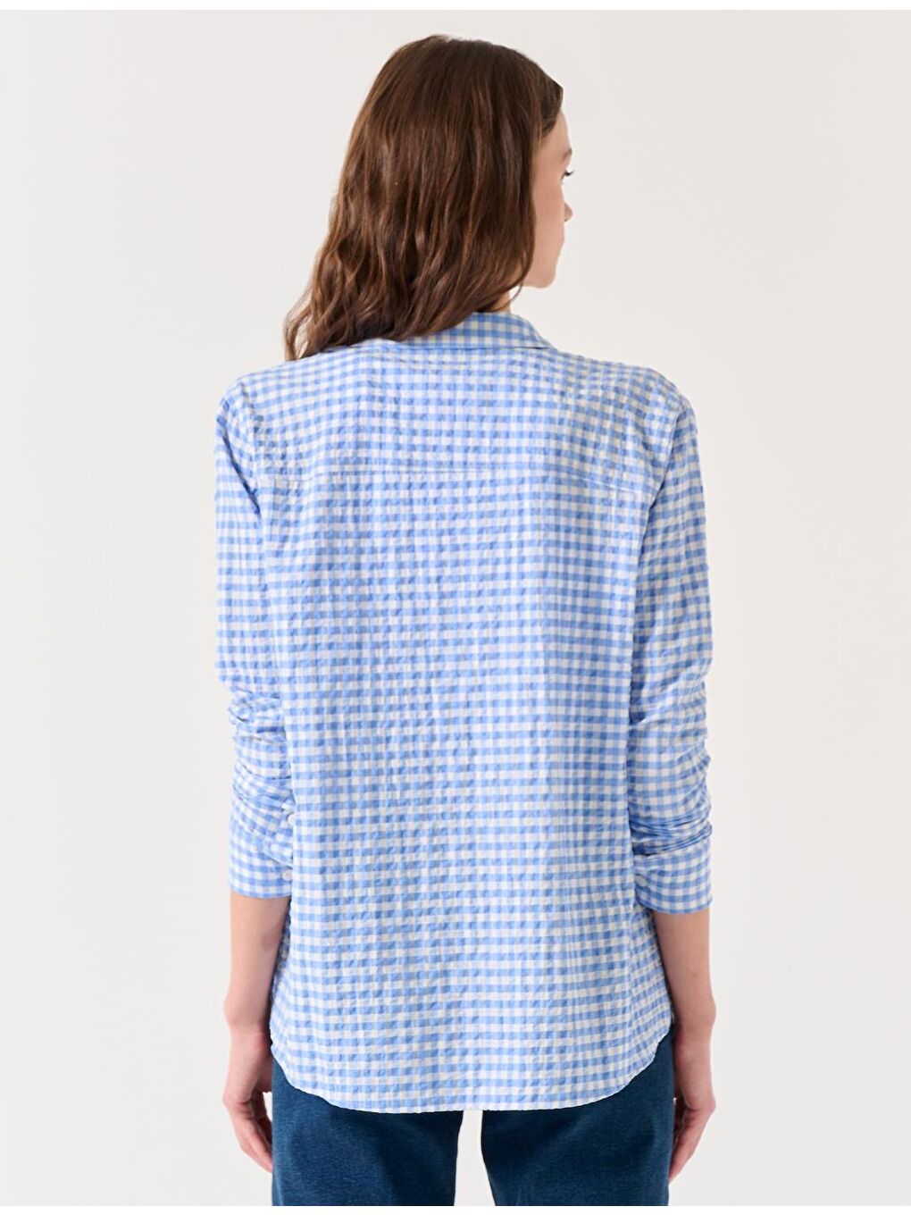 Orta Mavi Dik Yaka Uzun Kollu Desenli Gömlek-4