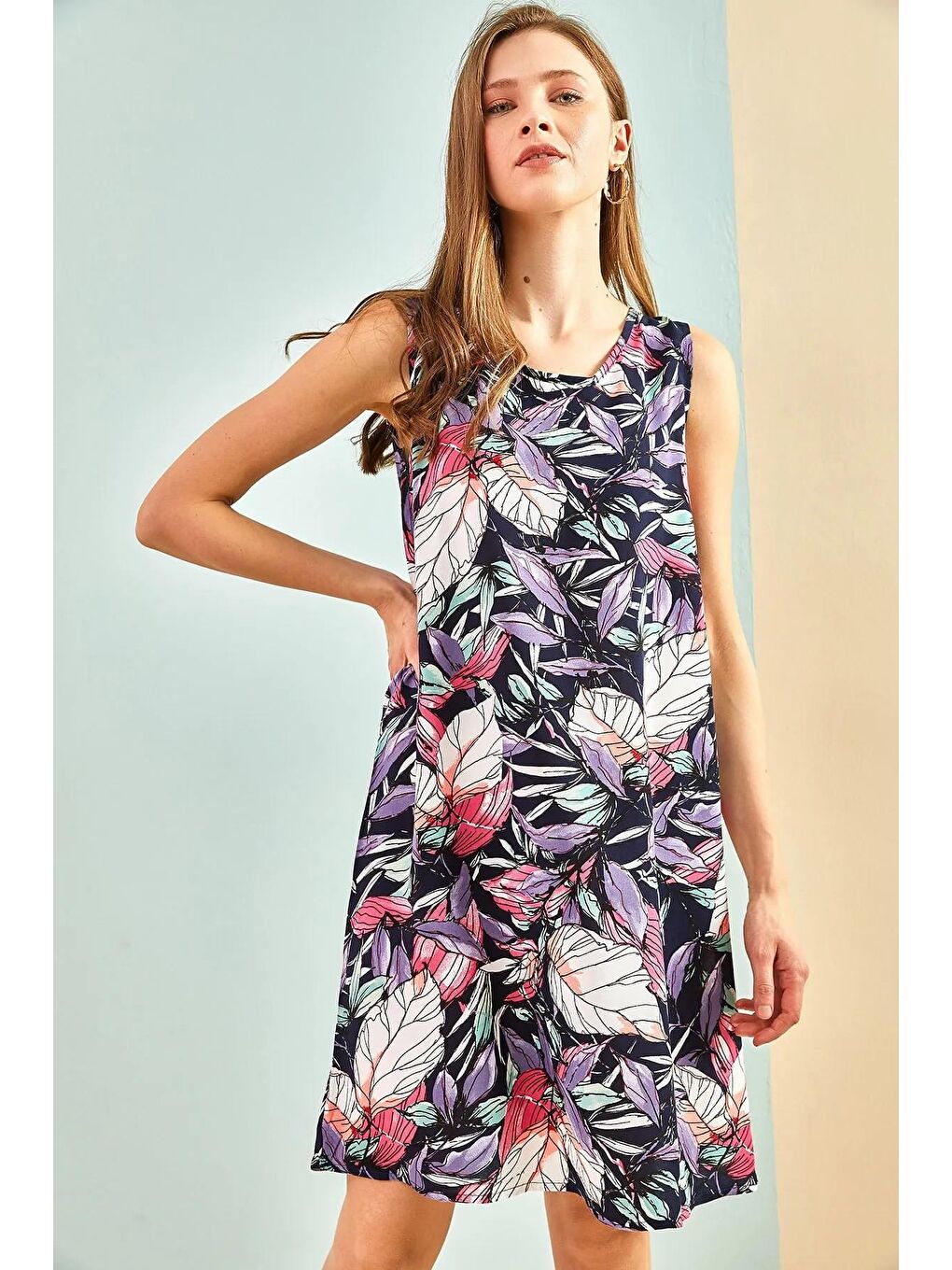 Lacivert Kadın Multi Desenli Sırt Dekolteli Elbise