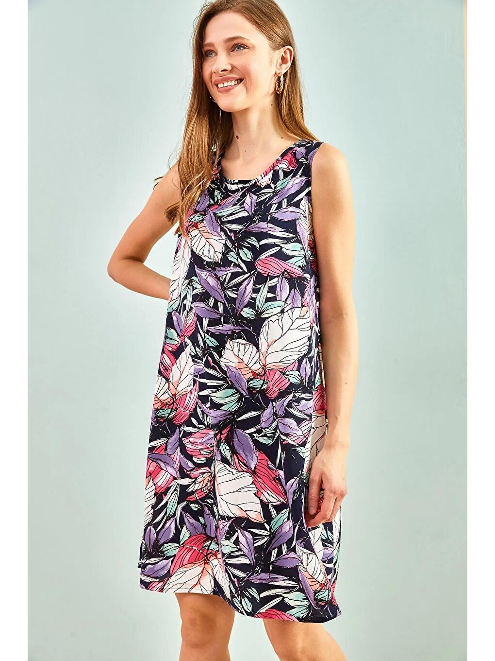 Lacivert Kadın Multi Desenli Sırt Dekolteli Elbise-1