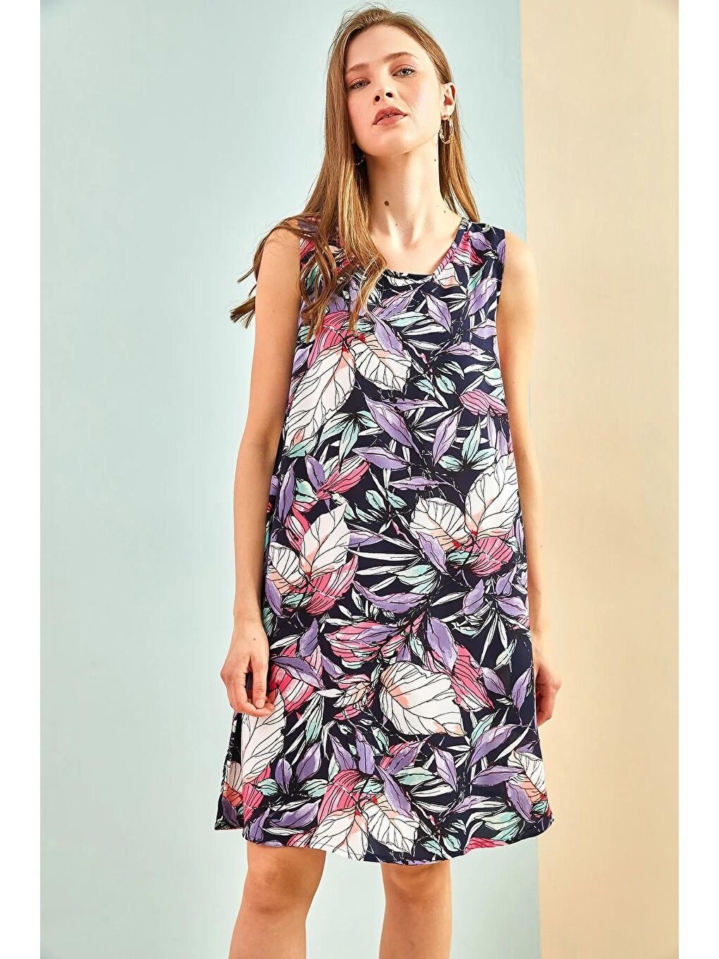 Lacivert Kadın Multi Desenli Sırt Dekolteli Elbise-2