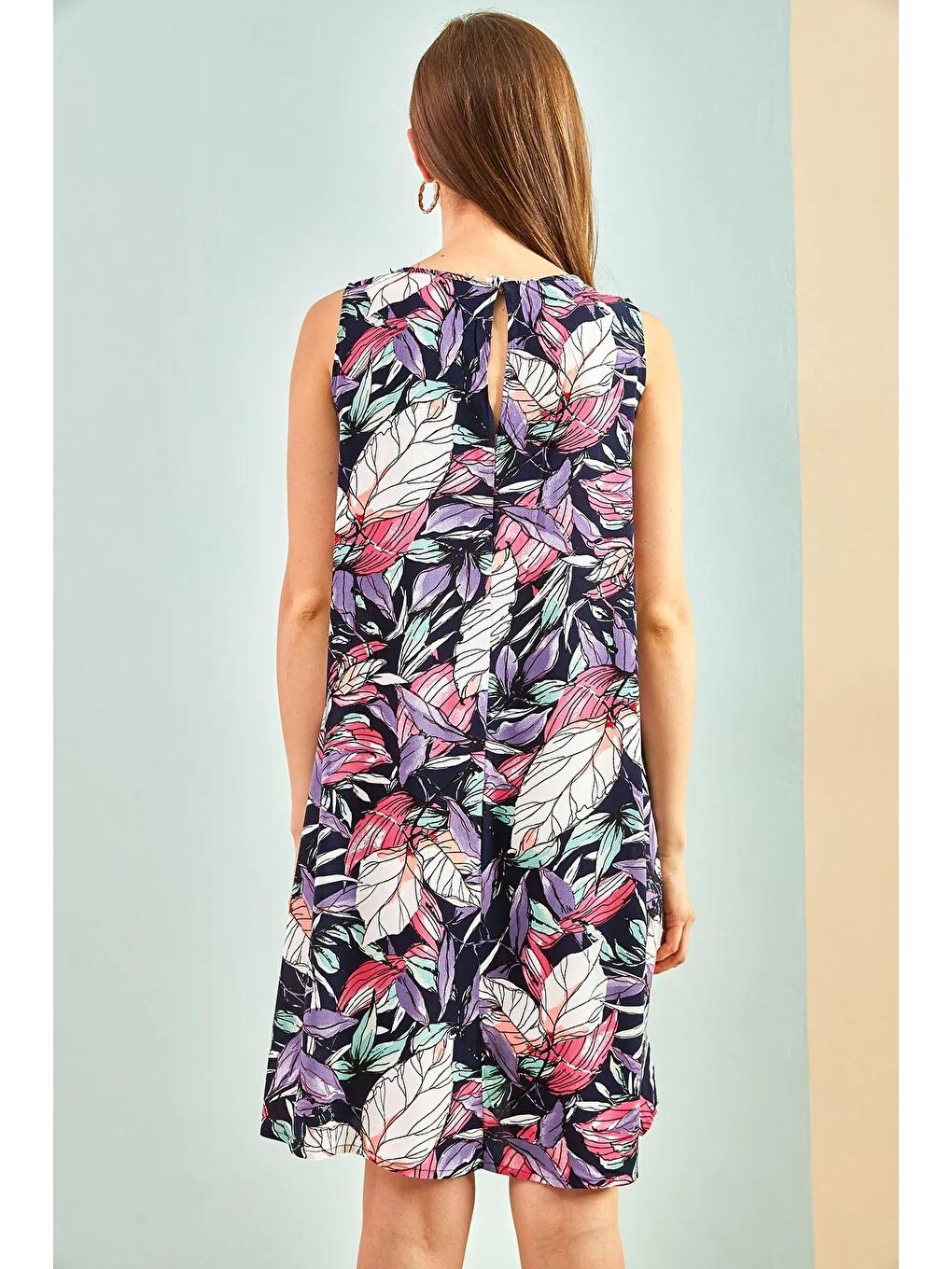 Lacivert Kadın Multi Desenli Sırt Dekolteli Elbise-3