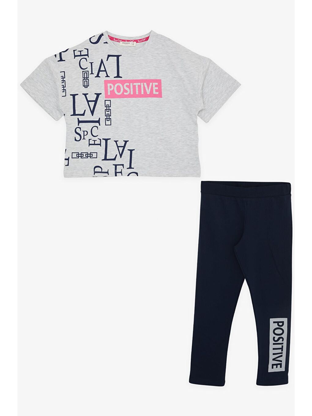 Kız Çocuk Kapri Taytlı Crop Takım Yazı Baskılı Açık Gri Melanj (9-14 Yaş)